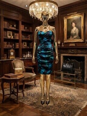 Nicole Miller Teal & Black Ruched Strapless Sheath